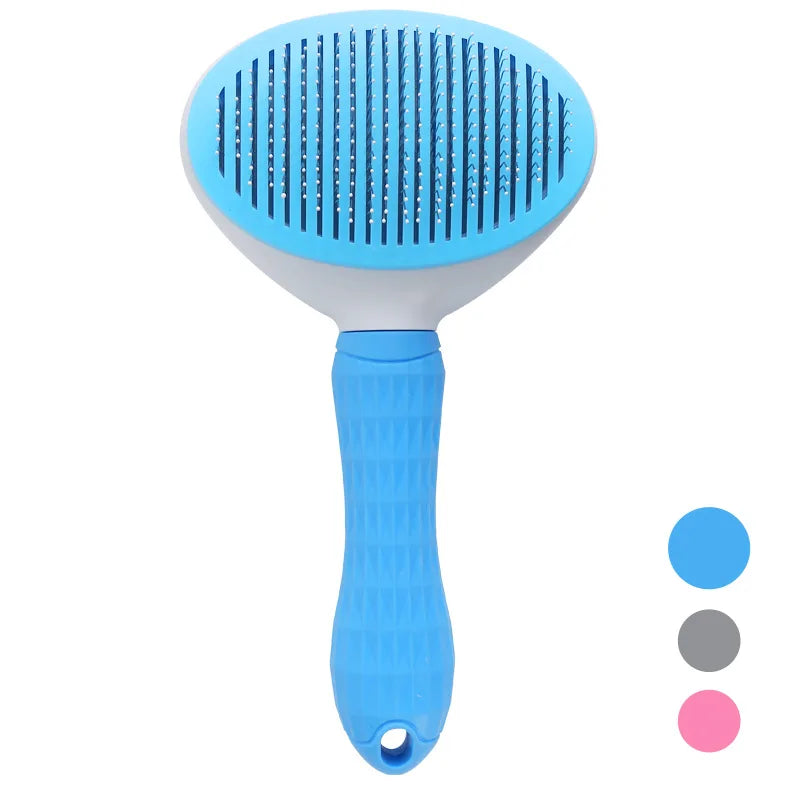 Blue self-cleaning pet brush showing retractable bristle mechanism