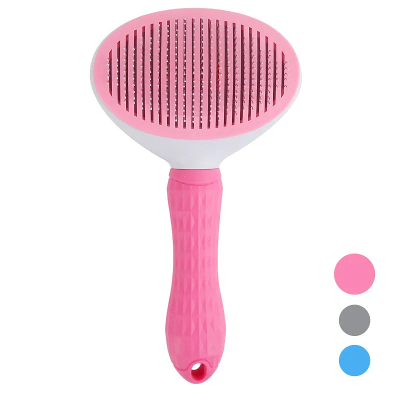 Pink self-cleaning pet brush showing retractable bristle mechanism