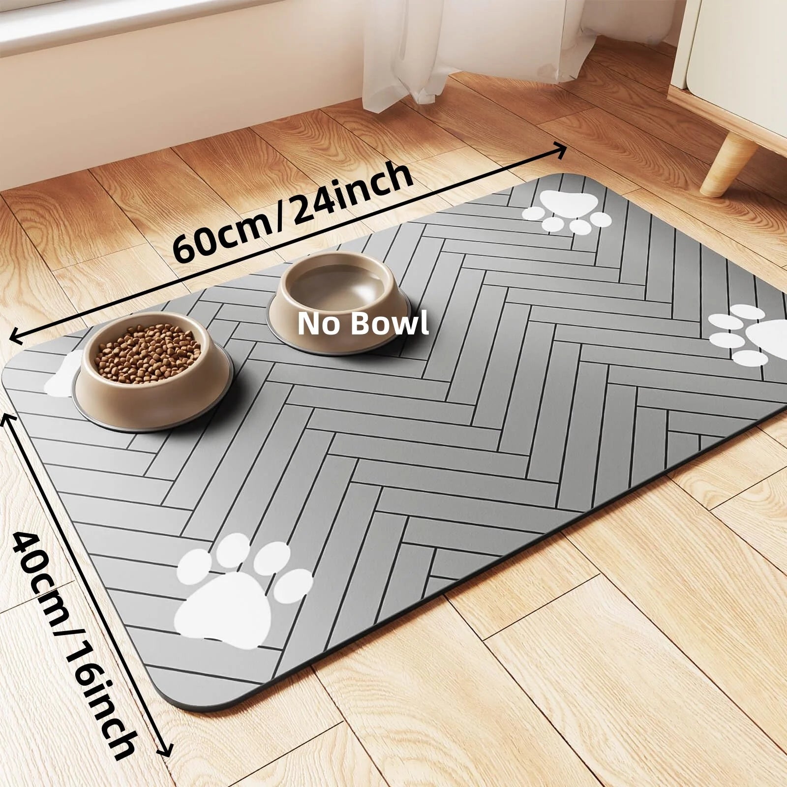 Grey pet placemat showing water absorption around food bowls
