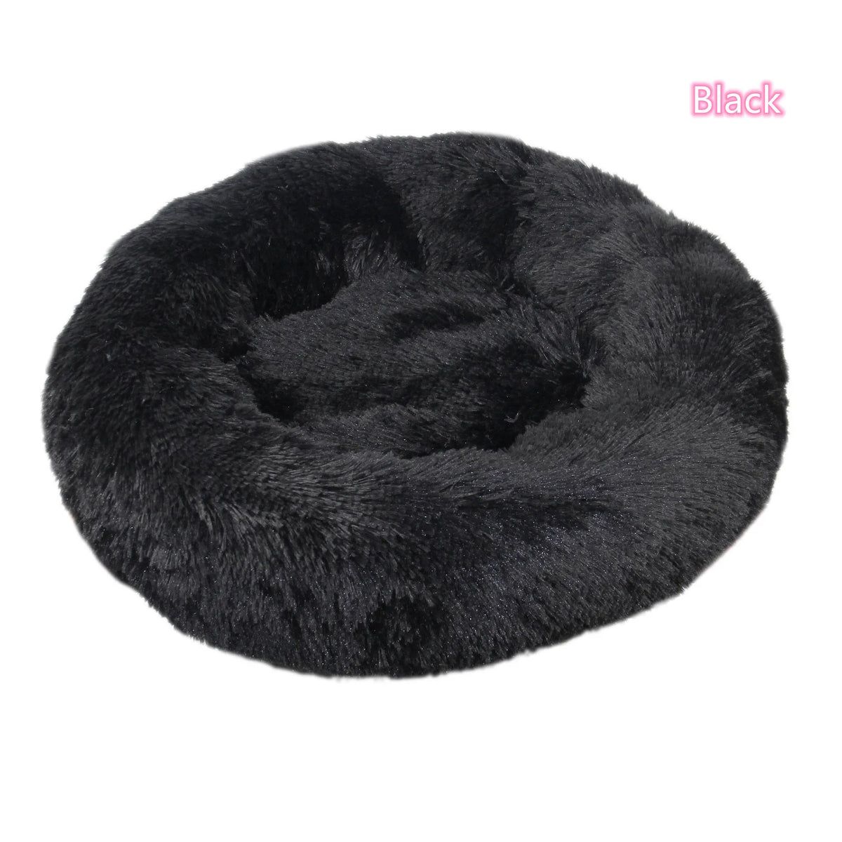 Black plush donut cat bed showing raised edges and soft interior
