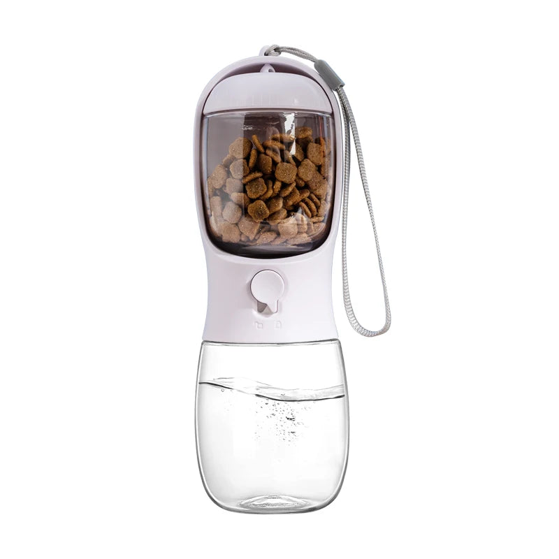 Portable pet water bottle showing dual compartment design for water and food