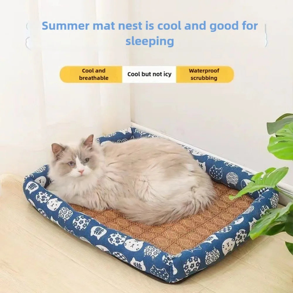 Cat Bad Linen Rattan Woven Cool Mat Pet Ice Pad Cartoon Teddy Bear Small Dog Bed Summer Cat Cooling Sleeping Pad for Winter - PetsiePaws Co.