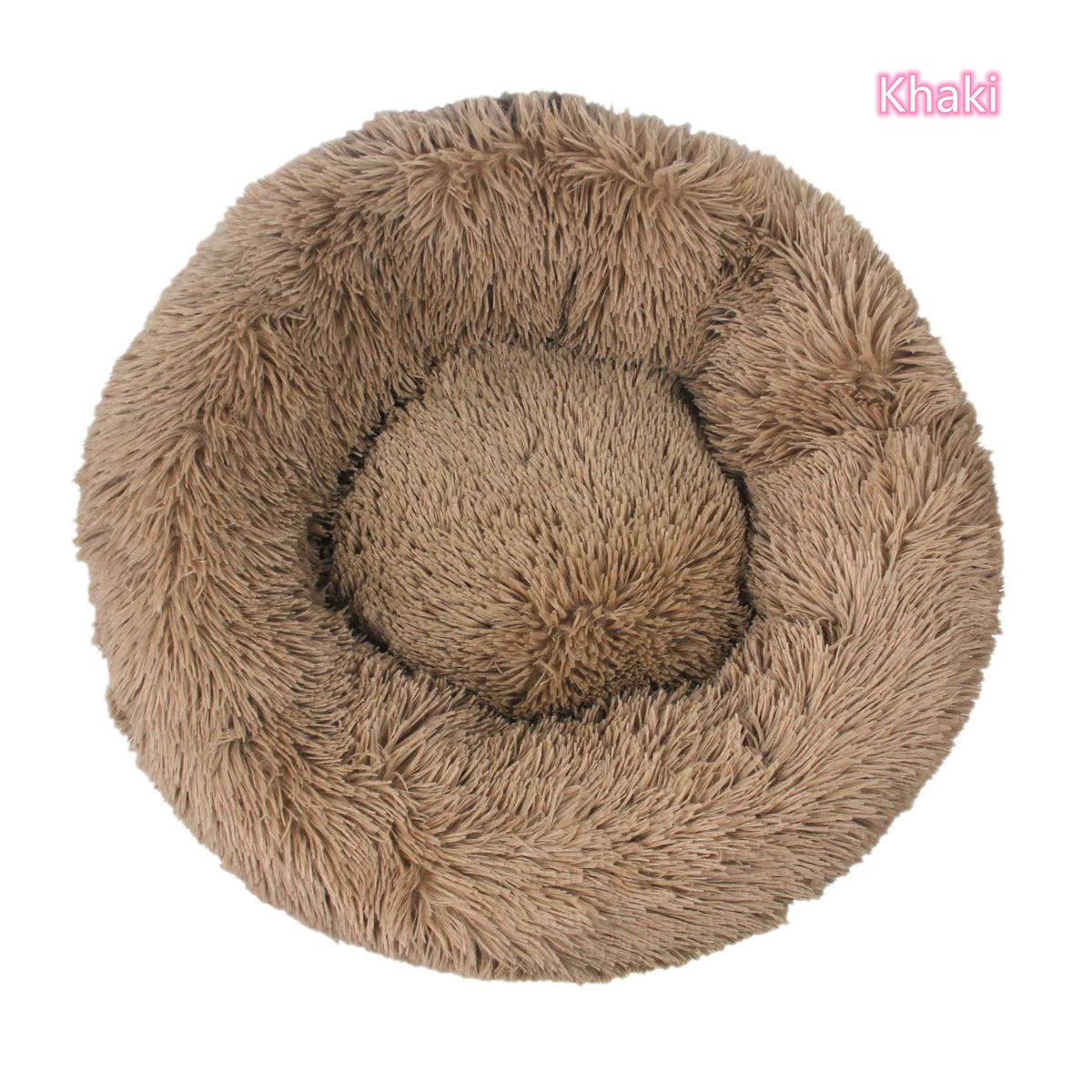 Khaki plush donut cat bed showing raised edges and soft interior