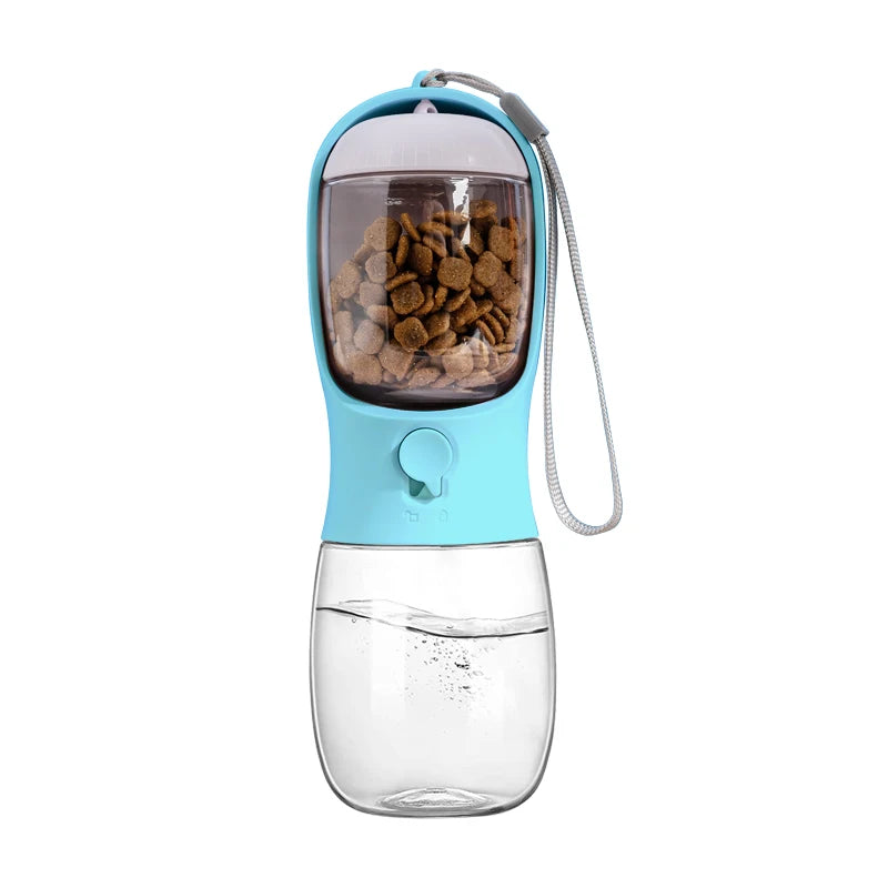 Pet water bottle with food container in use outdoors