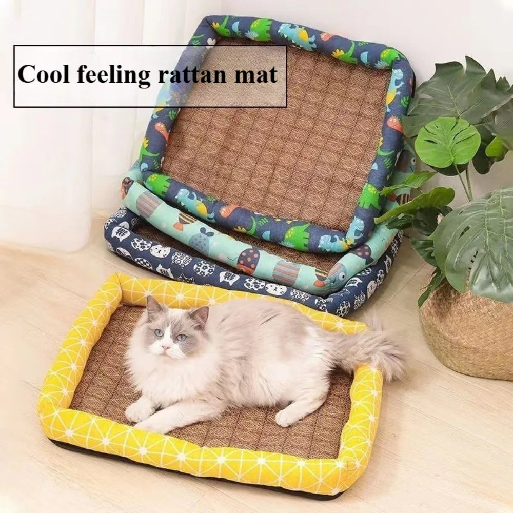 Cat Bad Linen Rattan Woven Cool Mat Pet Ice Pad Cartoon Teddy Bear Small Dog Bed Summer Cat Cooling Sleeping Pad for Winter - PetsiePaws Co.