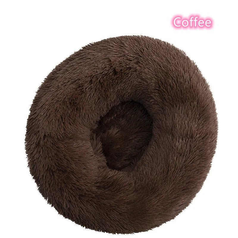 Coffee plush donut cat bed showing raised edges and soft interior