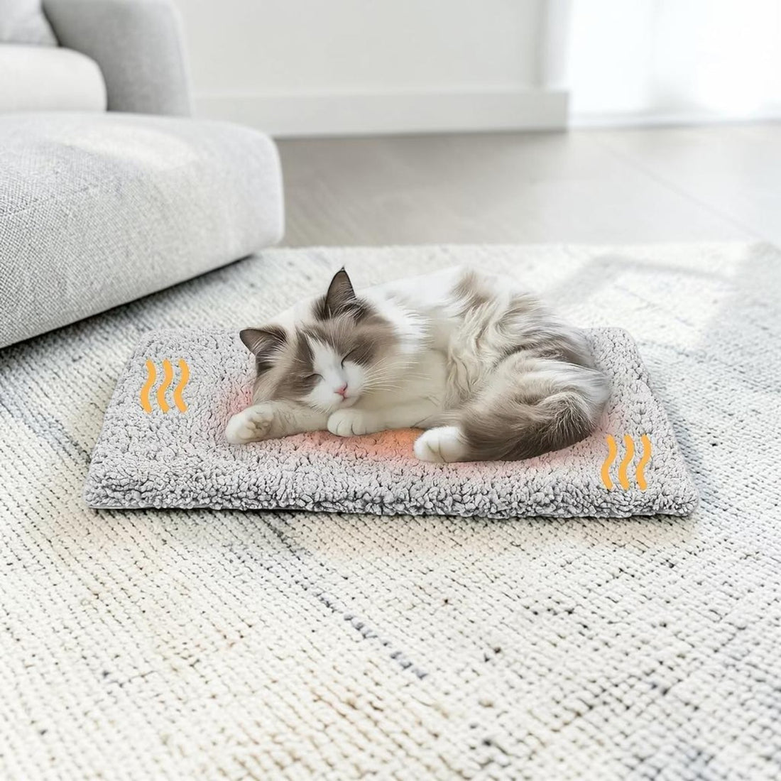 A fluffy gray and white cat sleeps comfortably on a rectangular heated pet mat placed on a woven rug in a bright living room. The mat has a soft gray border, a warm orange center, and small yellow heat wave graphics indicating warmth.
