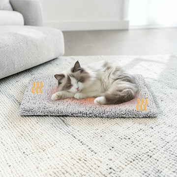 A fluffy gray and white cat sleeps comfortably on a rectangular heated pet mat placed on a woven rug in a bright living room. The mat has a soft gray border, a warm orange center, and small yellow heat wave graphics indicating warmth.